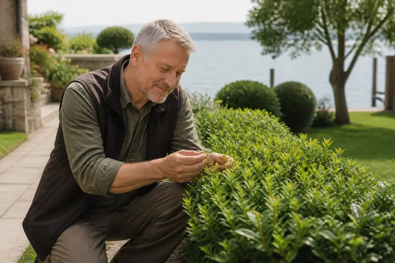 Ein deutscher Mann mittleren Alters prüft sorgfältig die Gesundheit einer Bloombux-Hecke in seinem gepflegten Bodenseegarten.