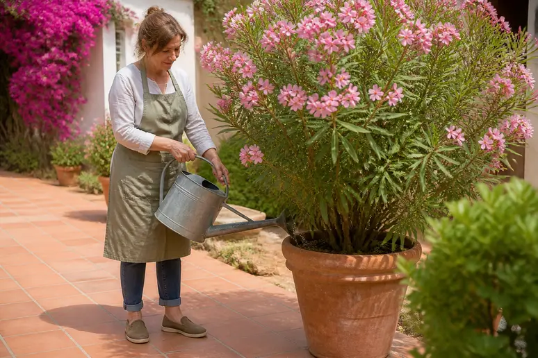 Une femme arrose avec soin un grand oleander sur une terrasse ensoleillée, en Provence.
