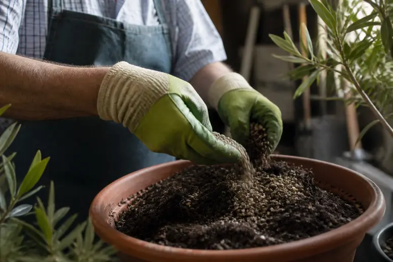 Des mains expertes mélangent de l'engrais à de la terre pour un oleander, dans un jardin du Val de Loire.