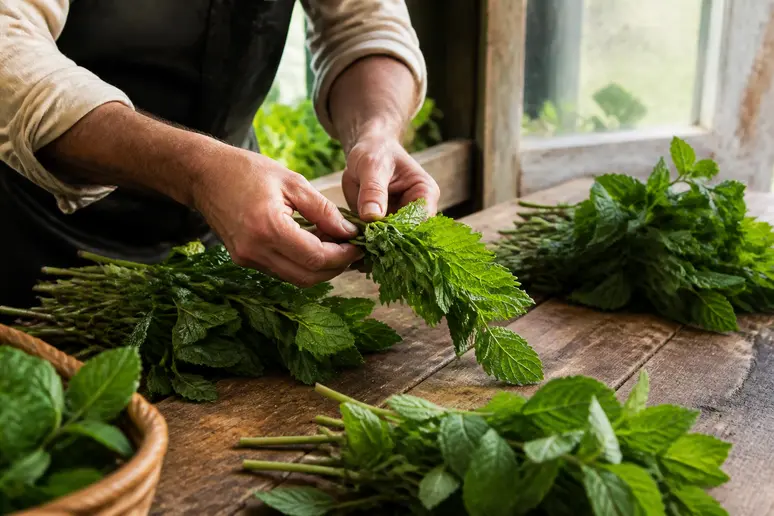 Des mains précises composent des bouquets de menthe fraîchement cueillie, prêts pour le séchage artisanal.