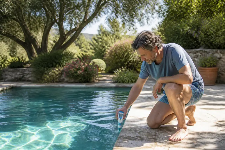Un homme vérifie le pH de son bassin entouré d'un jardin verdoyant baigné de lumière naturelle.