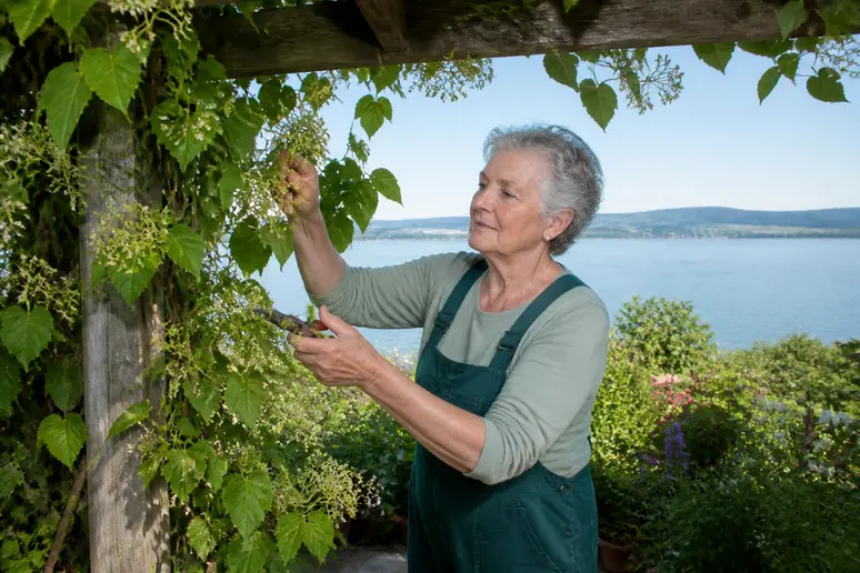 Eine ältere Dame pflegt eine Kletterpflanze an einer Pergola mit Blick auf den Bodensee, ein Bild des naturnahen Gartenlebens.