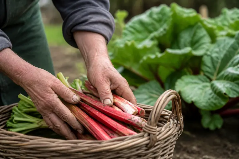 Des mains de jardinier déposent avec soin des tiges de rhubarbe dans un panier en osier.