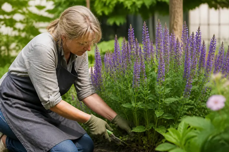 Une jardinière aux mains gantées taille un parterre de sauge des steppes avec des sécateurs dans un jardin ensoleillé.