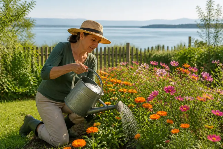 Une femme arrose des fleurs aux couleurs vives dans un jardin ensoleillé près du lac.