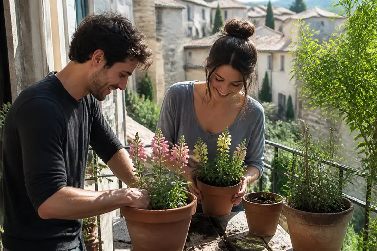 Un couple plante joyeusement des fleurs dans des pots sur un balcon ensoleillé.