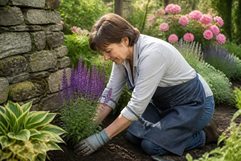 Une jardinière passionnée plante du Steppensalbei le long d'un mur en pierre, sous un soleil doux.