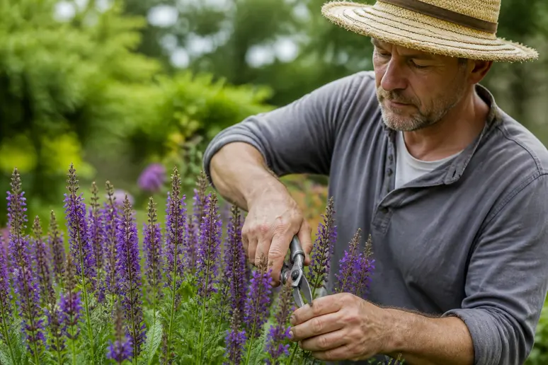 Un jardinier expérimenté coupe les fleurs fanées du Steppensalbei pour encourager une nouvelle floraison.