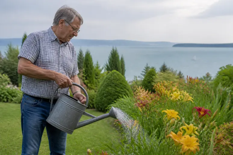 Ein älterer Mann wässert blühende Taglilien in seinem gepflegten Garten am Bodensee
