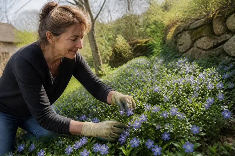 Une jardinière expérimentée observe la floraison bleue du Vinca minor dans un jardin de campagne ensoleillé.