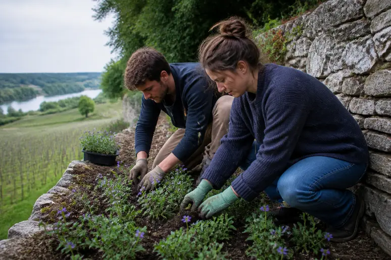 Un couple de jardiniers plante le Vinca minor pour habiller un muret en pierre sur un coteau ensoleillé.