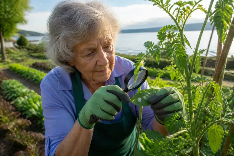 Ältere Gärtnerin untersucht Tomatenpflanze am Bodensee auf weiße Wollläuse, Fokus auf Befallskontrolle.