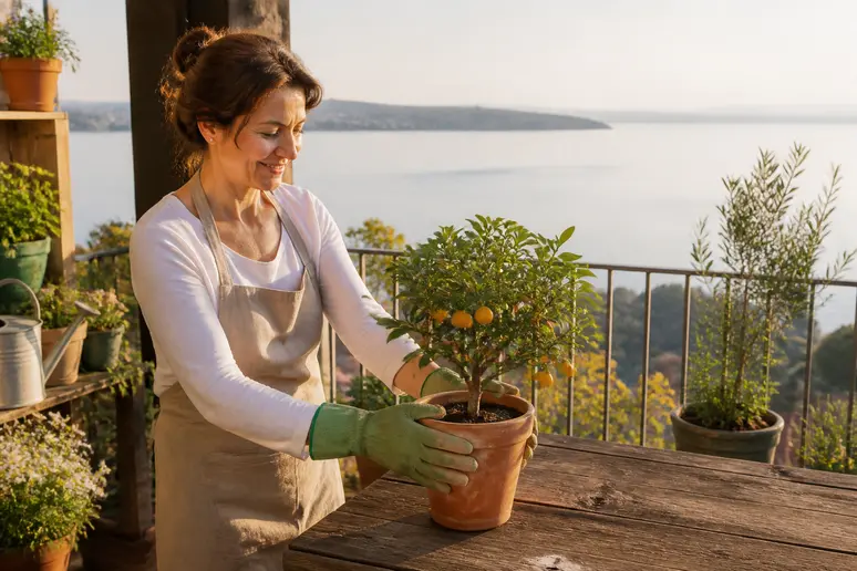 Eine Frau platziert ihren Calamondin auf einem Balkontisch mit Blick auf den Bodensee.
