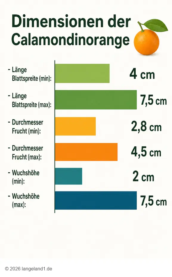 Die Calamondinorange: Blätter und Früchte in ihren typischen Größen dargestellt.