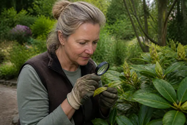 Frau untersucht Rhododendronblätter auf Dickmaulrüssler-Schäden im Garten am Bodensee.