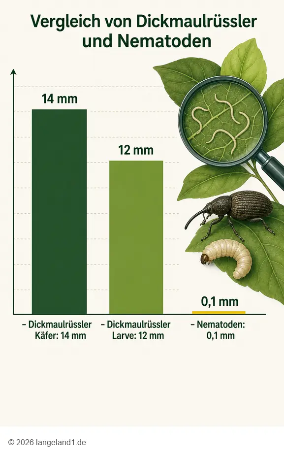 Vergleich der Größe von Dickmaulrüssler Käfern, Larven und nützlichen Nematoden zur natürlichen Schädlingsbekämpfung im Garten.