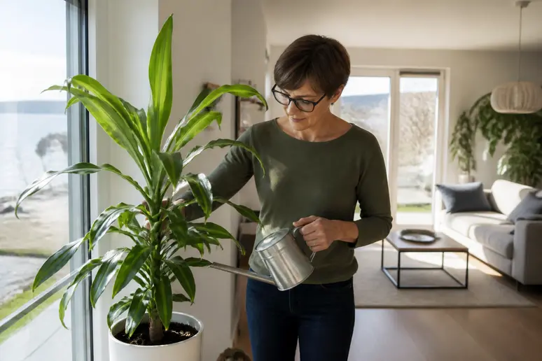 Frau gießt Dracaena fragrans für besseres Raumklima in einem modernen Wohnzimmer am Bodensee.