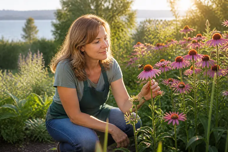 Frau beobachtet Biene an Echinacea purpurea im blühenden Garten am Bodensee.