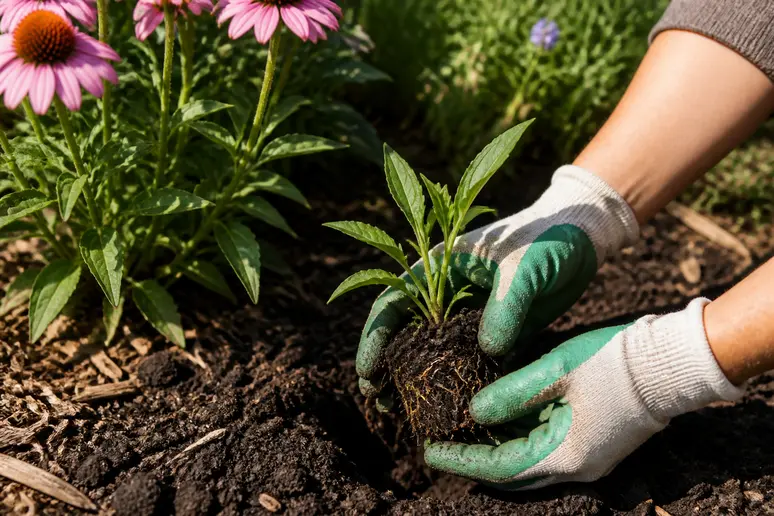 Gärtner pflanzt junge Echinacea purpurea Setzlinge mit Handschuhen in durchlässige Erde.