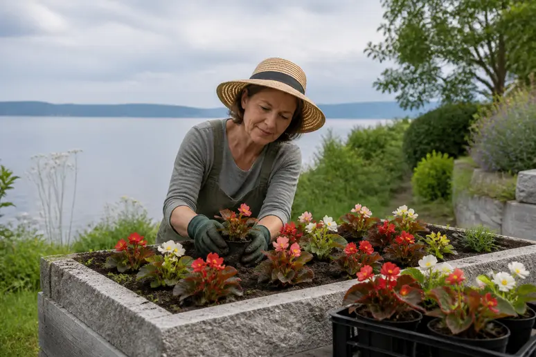 Frau pflanzt rote eisbegonien in einem Garten am Bodensee, detaillierte Pflege im Fokus