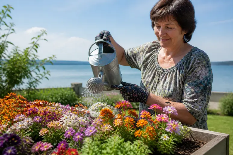 Eine Frau in Deutschland gießt sorgfältig blühenden Elfenspiegel in ihrem Garten am Bodensee.