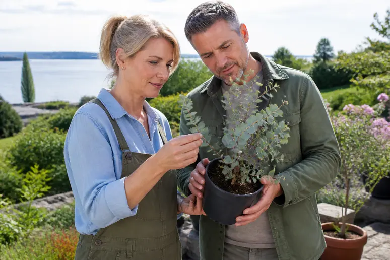 Ehepaar inspiziert jungen winterharten Eukalyptus 'Azura' im Garten am Bodensee.