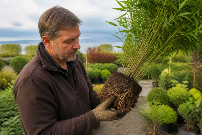 Gärtner prüft sorgfältig die Wurzeln eines garten-bambus zur richtigen Auswahl.