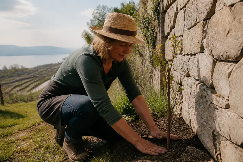Eine Frau pflanzt eine junge glyzinie an einem sonnigen Standort am Bodensee für reiche Blüten.