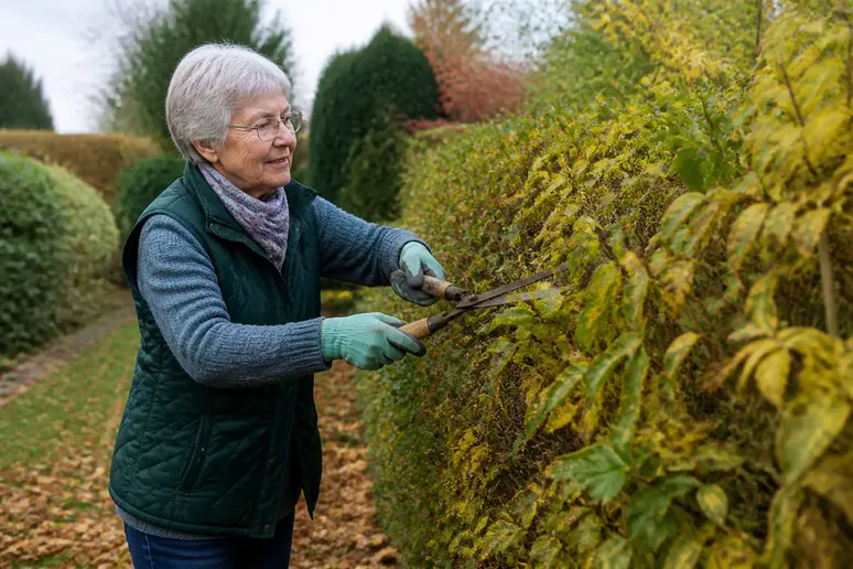 Eine ältere Dame pflegt ihre vitale Hainbuchenhecke mit Sorgfalt im Herbst.