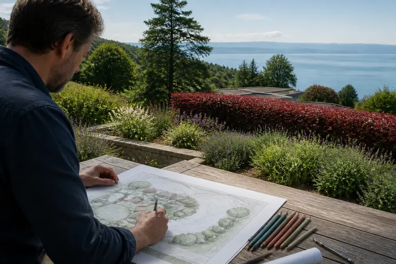 Landschaftsarchitekt plant Gartengestaltung mit roten Heckenpflanzen am Bodensee, naturnahe Integration.