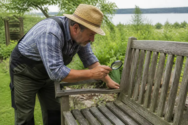 Mann untersucht Gartenbank mit Lupe, um Holzwurm zu bekämpfen, naturnah und effektiv