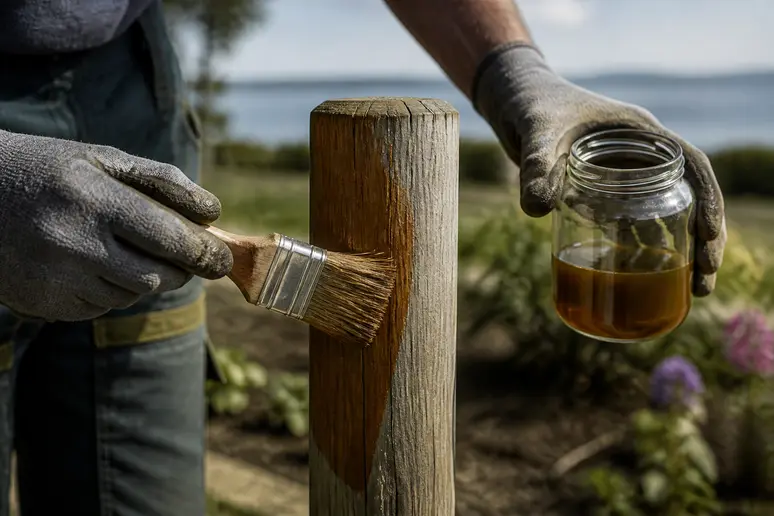 Hände tragen Holzschutzöl auf Zaunpfahl auf, präventiv Holzwürmer bekämpfen im Garten