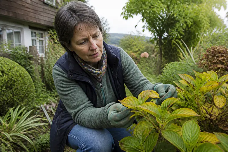 Frau im Garten inspiziert gelbe Hortensienblätter und sucht nach Ursachen für die Verfärbung im natürlichen Umfeld.