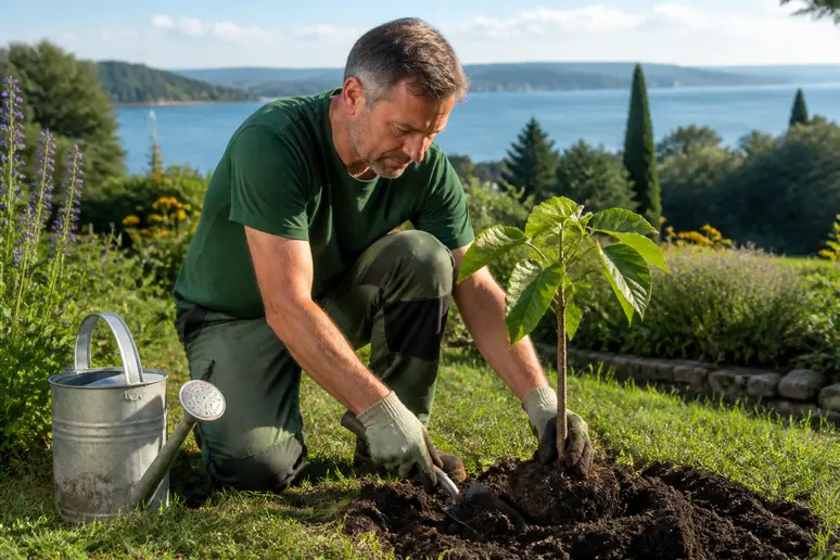 Ein Gärtner pflanzt einen jungen Kugeltrompetenbaum im Spätfrühling nahe dem Bodensee ein.