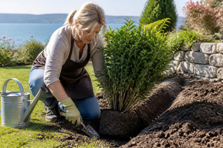 Frau pflanzt Fertighecke am Bodensee, lange-hecke wird sorgfältig eingesetzt und gegossen.