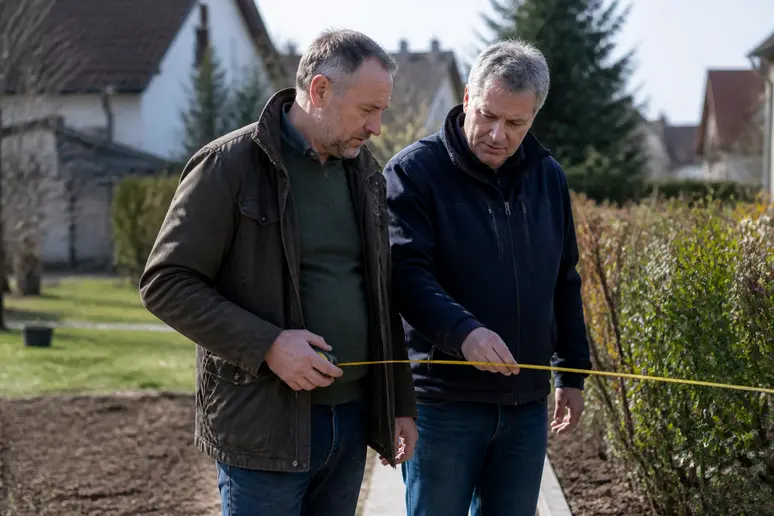 Nachbarn besprechen Grenzabstände für eine lange-hecke im Garten in Baden-Württemberg.