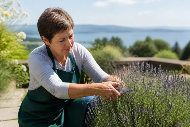 Frau schneidet Lavendel im Frühjahr kräftig zurück, um buschigen Wuchs zu fördern.