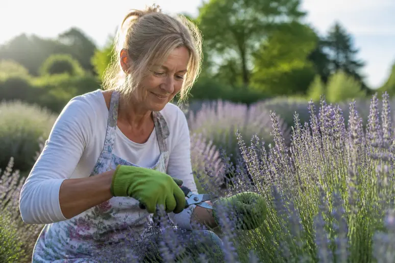 Frau schneidet im Spätsommer Lavendel-Stecklinge für die Vermehrung im Bodenseegarten.