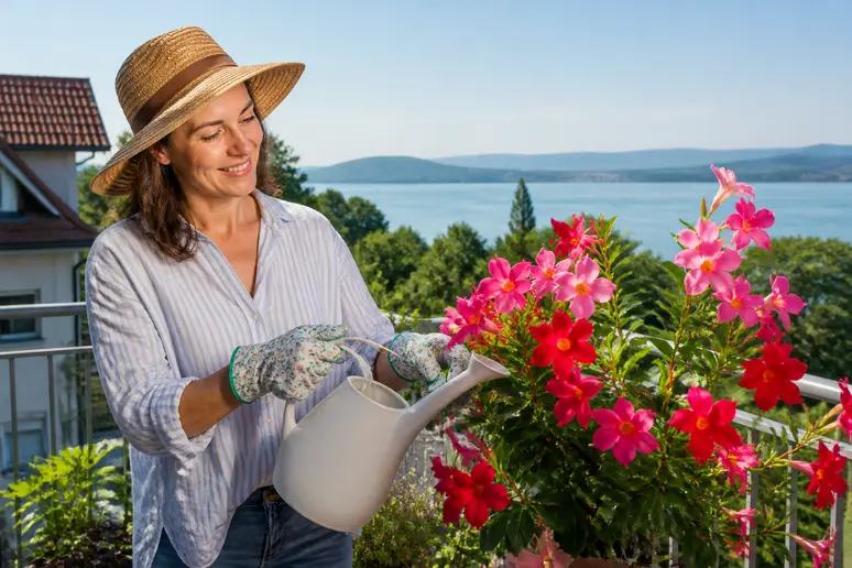 Frau gießt blühende Mandevilla auf einem sonnigen Balkon am Bodensee für üppige Blütenpracht.