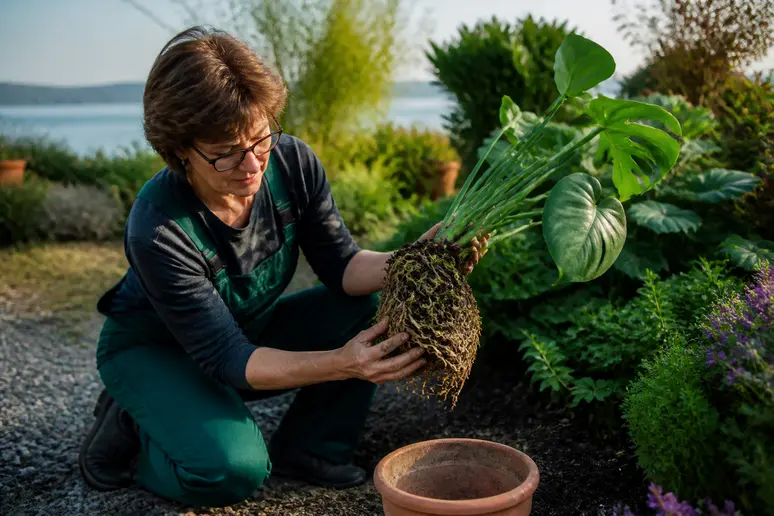Gärtnerin prüft Wurzeln einer Monstera und das Geheimnis guter monstera-erde