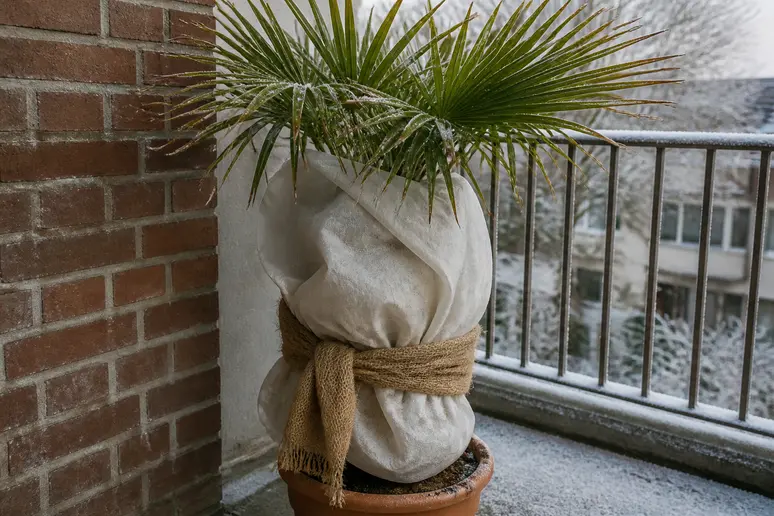 Eine Hanfpalme auf einem Balkon am Bodensee, geschützt mit Vlies und Jute vor winterlichen Temperaturen.