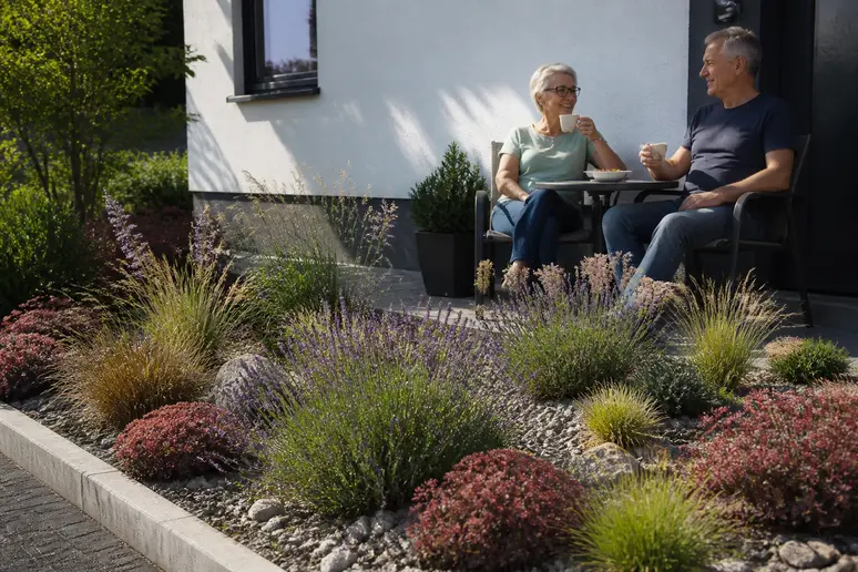 Ein älteres Paar genießt Kaffee neben einem pflegeleichten Vorgarten mit Lavendel und Ziergräsern, entspanntes Ambiente.