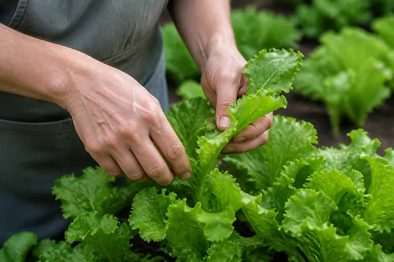 Hände ernten sorgfältig einzelne Blätter von Pflücksalat für kontinuierliche Versorgung.