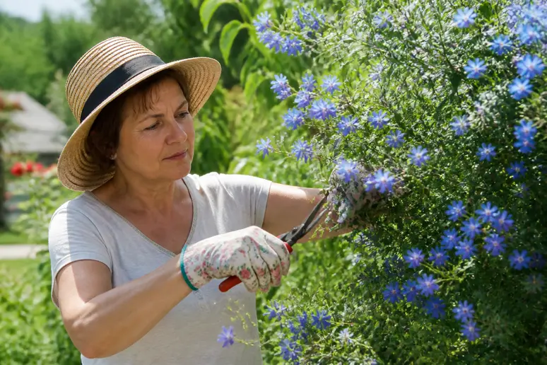 Gärtnerin beschneidet blaue säckelblume im Sommergarten am Bodensee, natürliche Pflege des Gehölzes.