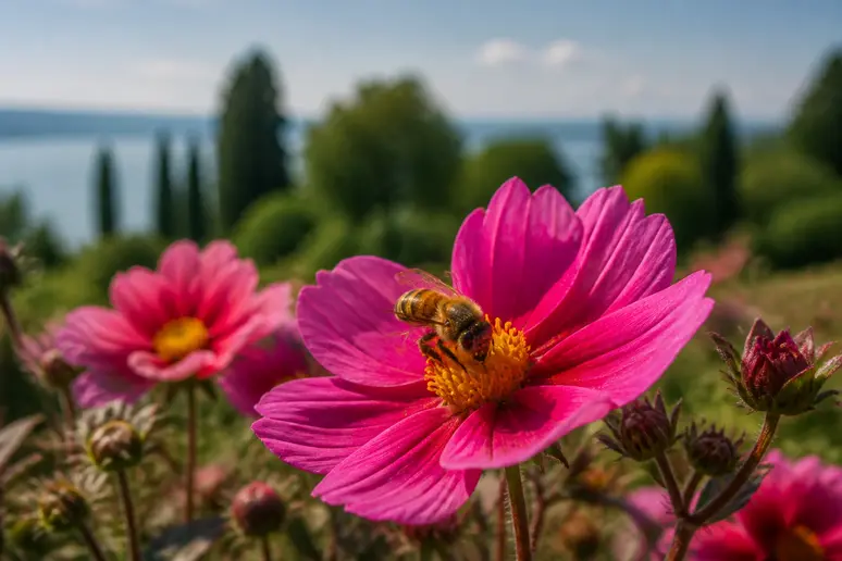 Biene sammelt Pollen auf einer blühenden Schmuckkörbchen-Blüte im naturnahen Garten am Bodensee.