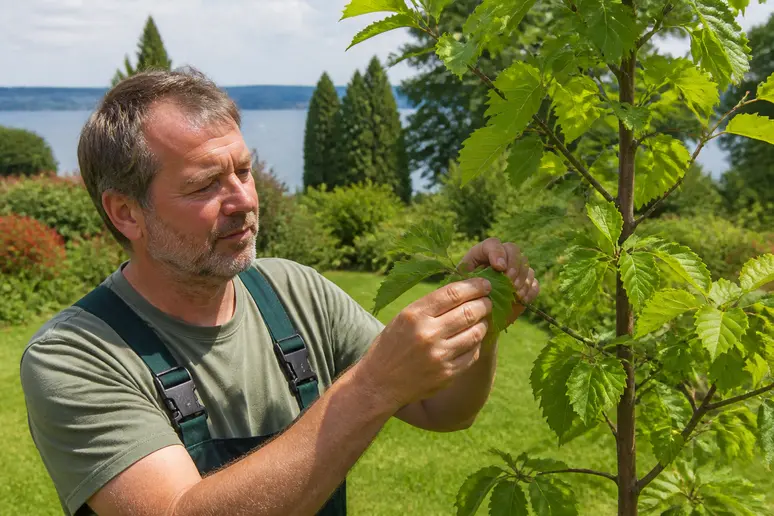 Ein Mann prüft junge, schnellst-wachsende-baeume im Garten am Bodensee bei hellem Tageslicht.