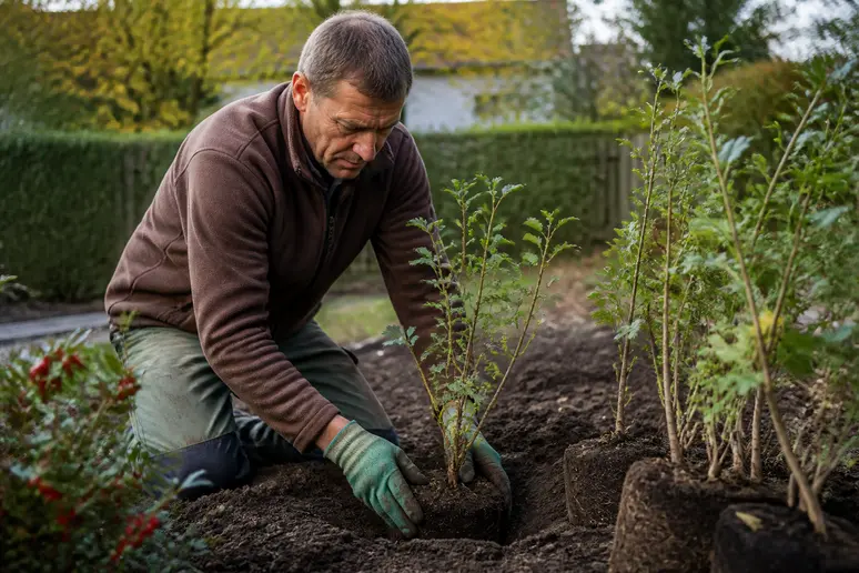 Mann pflanzt junge weissdornhecke in deutschen Garten, Herbstsonne beleuchtet Aktion.