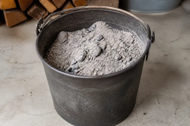 Ein stabiler Metalleimer mit abgekühlter Kaminasche auf einem Betonboden in der Garage