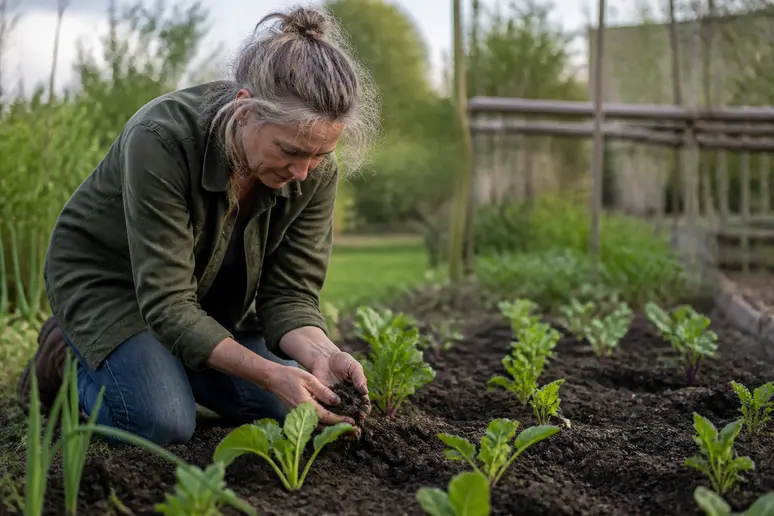 Ein Gärtner begutachtet ein Gemüsebeet im Garten am Bodensee
