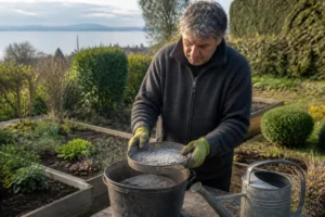 Gärtner prüft feine Holzasche für den Garten in der Nähe des Bodensees asche kompost